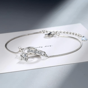 Minimalist silver bracelet for women on jewelry display