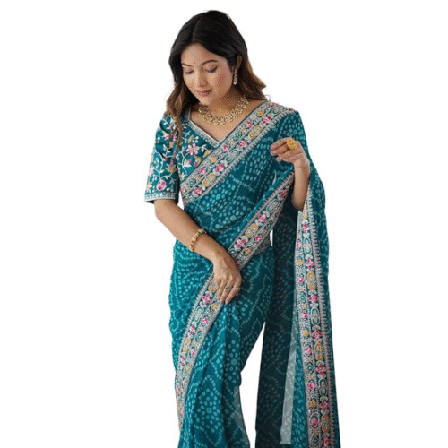 Teal blue georgette party wear saree with bandhani print and sequin lace embroidery