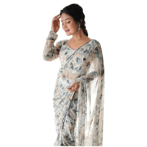 Model wearing floral printed ready to wear saree in georgette with stitched pleats for effortless draping