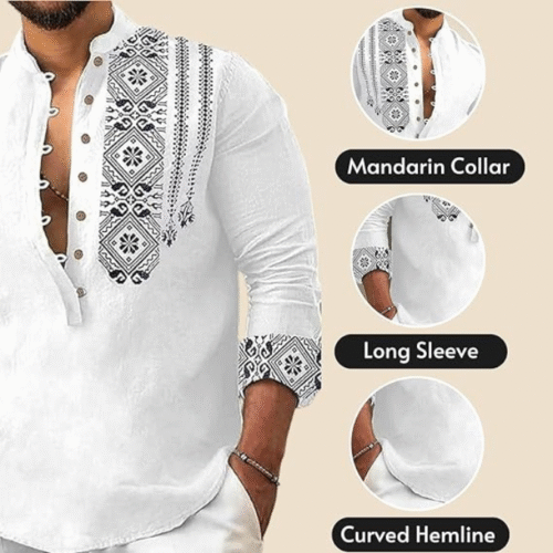 Stylish smart casual attire for men featuring a trendy one-side printed kurta.