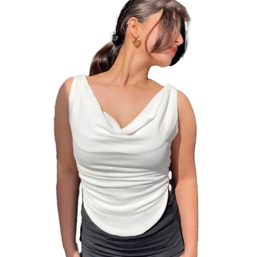 Elegant draped sleeveless blouse in white, a chic option from stylish tops for women perfect for parties or casual outings.