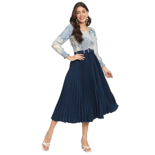 Navy blue a line dresses for women with pleats, square neckline, printed top, and waist belt, perfect for casual and party wear.