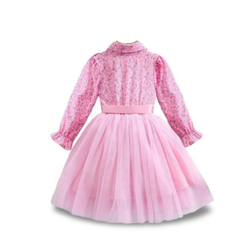 Back side view of floral frock baby girl dresses in pink