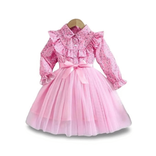Floral pink frock baby girl dresses with layered tulle skirt and ruffle collar