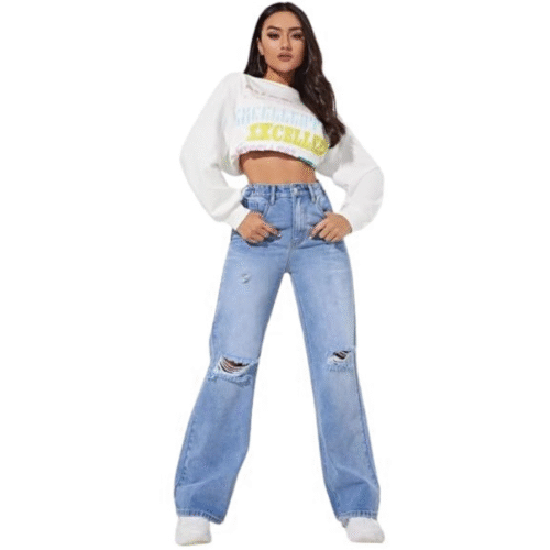 Model wearing high waist wide leg baggy blue jeans women loves to wear