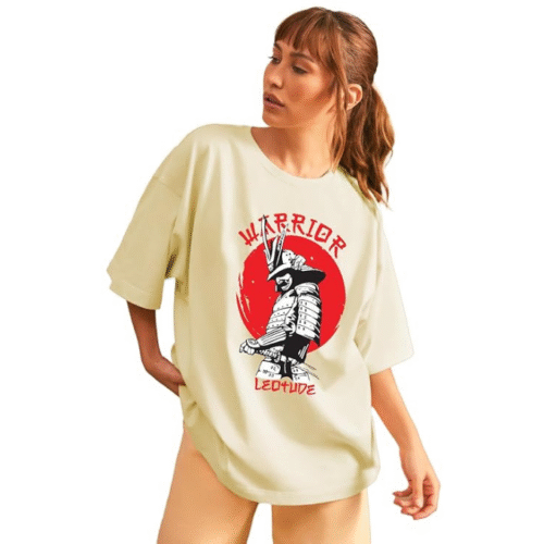 Beige oversized t shirt for women in soft cotton blend fabric with round neck and half sleeves with drop shoulder.