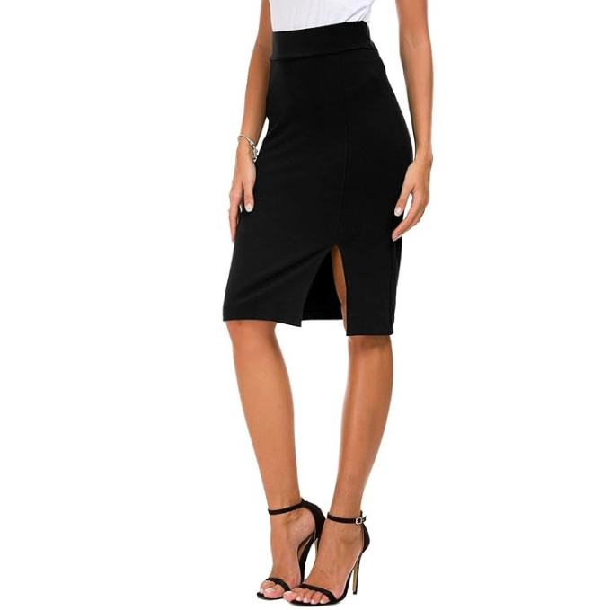 Model wearing stylish black skirt with stretchable fabric
