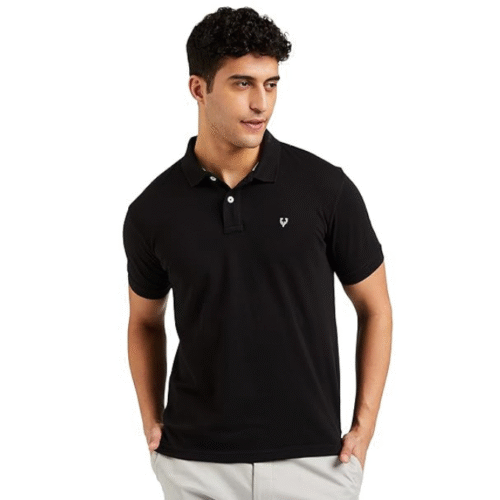 “Allen Solly black t shirt for men with polo neck, solid pattern, and regular fit”
