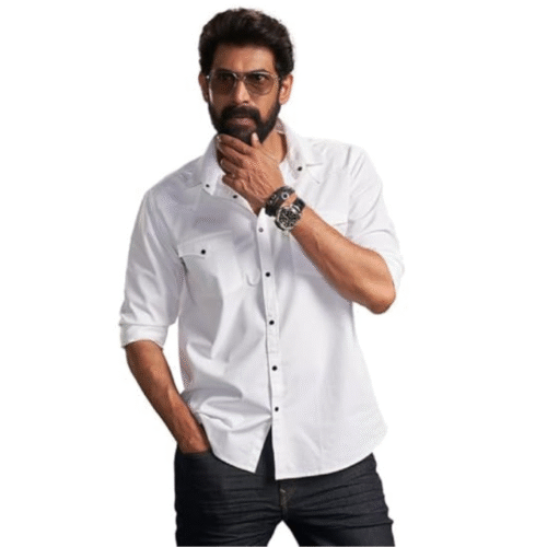 Premium white casual shirt for men in cotton twill with contrast black buttons and regular fit design