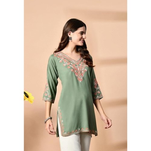Front view of long chikankari kurtis for women with flowing design and comfortable fit for casual and festive wear.
