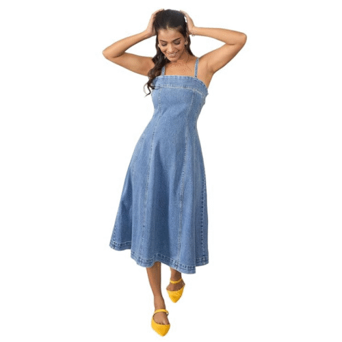 A-line denim dress for women with adjustable shoulder straps, sleeveless design, and flattering fit, perfect for casual outings, parties, and daily wear
