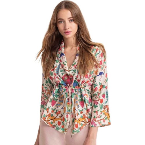 Multi color floral top for women in rayon fabric with collar neck and short top style