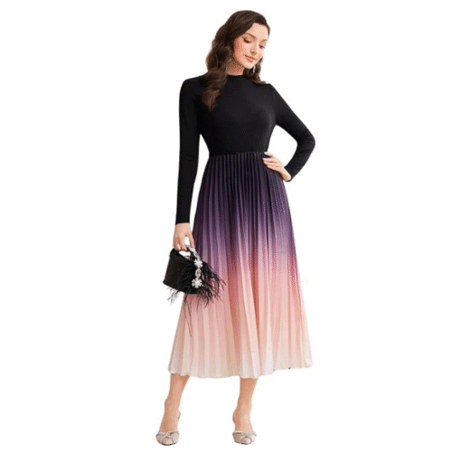 Exclusive full sleeves dress for women in pastel and black midi style, trendy outfit with aesthetic vibes perfect for parties and casual chic looks.