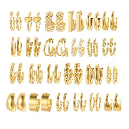 24 pairs combo of gold ear studs for ladies with trendy hoop and drop designs by Shining Diva