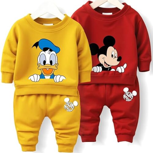 Infant winter outfits featuring 2 full sleeve sweatshirts with Disney and Marvel character prints