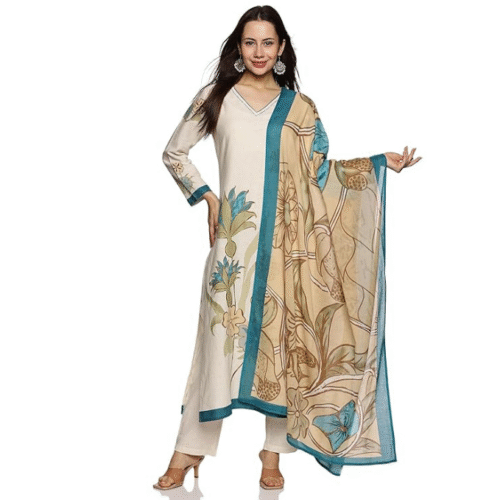 Elegant hand block printed kurta set for women in cambric cotton with straight kurta, pant, and printed dupatta for festive and special occasions.