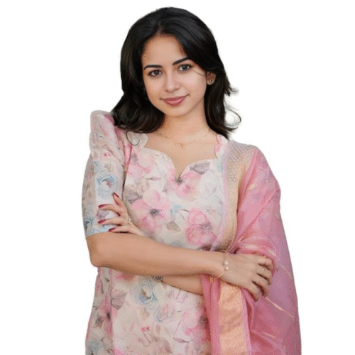 Floral printed Chanderi kurti pant set with dupatta in straight style front split design