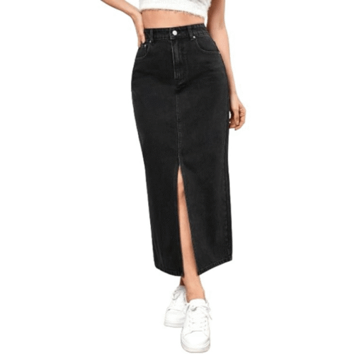 Casual high-waist long denim skirt paired with white top