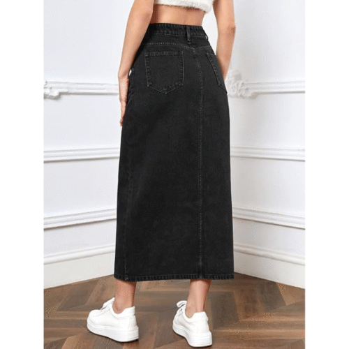 Solid plain long denim skirt for women with pockets