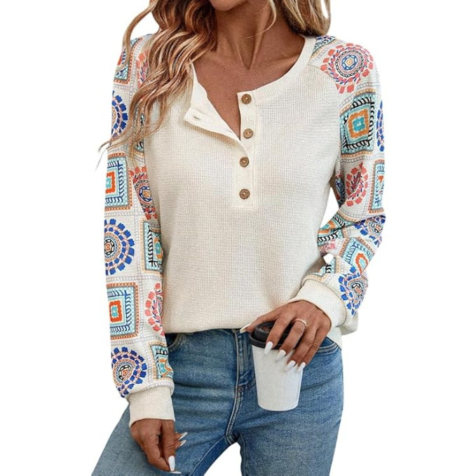 Modern long sleeve top for women featuring a geometric print, round neck, and comfy long sleeves, ideal for casual wardrobe essentials.