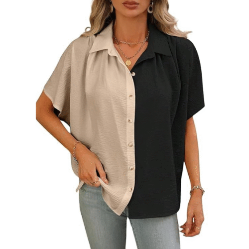 Oversized shirt for women with two-tone color block and batwing sleeves.