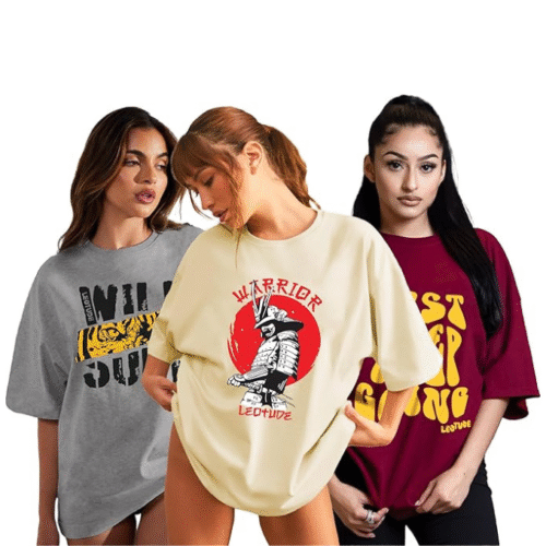 Combo of 3 colorful oversized t shirt for women in beige, grey, and mehroon shades, perfect for casual street style and everyday comfort.
