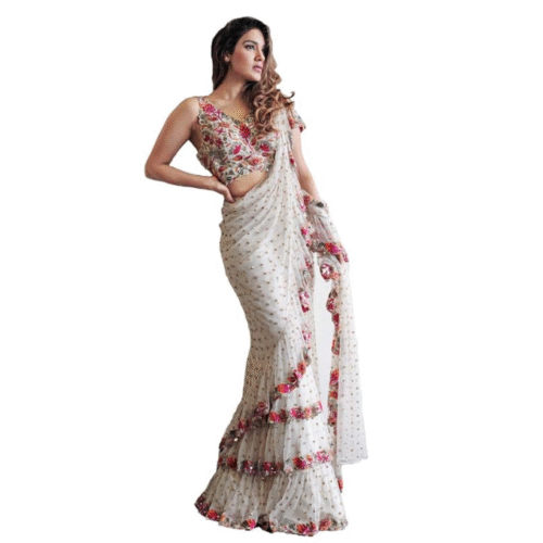 Elegant faux georgette party wear saree for women with embroidery sequence and ruffle border