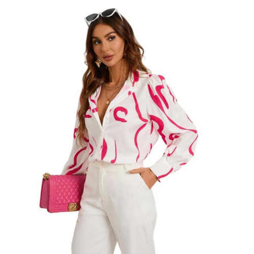 White shirt with pink abstract print – trendy printed shirts for women