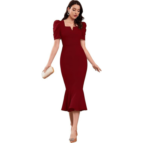 Red bodycon dress in mermaid style with sweetheart V-neck, puff half sleeves, high waist, and round hem—perfect for parties, weddings, or night outs.
