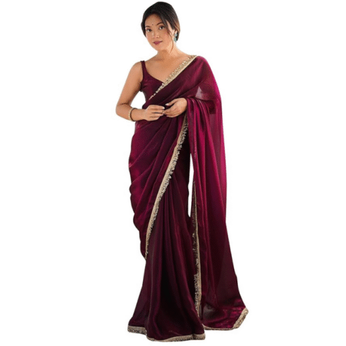 Model standing straight showcasing satin magenta saree for women with blouse