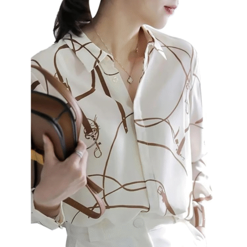 Light cream printed Korean shirt – perfect smart casual wear for women, featuring spread collar & full sleeves for a chic western look.