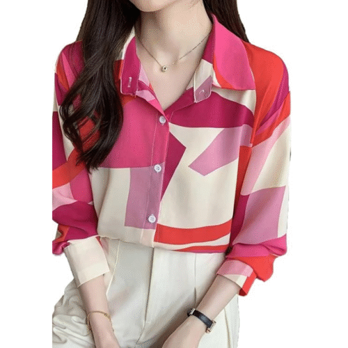 Stylish shirt for women in white pink print with spread collar and full sleeves.