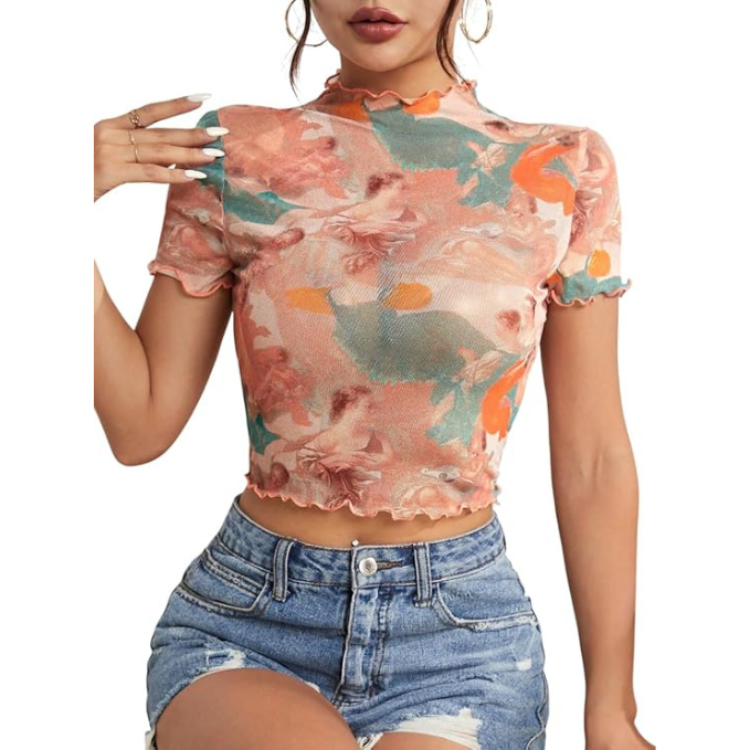 rendy tops for women in a modern crop style featuring abstract floral details, soft sheer fabric, and a flattering high neckline styled for everyday wear.