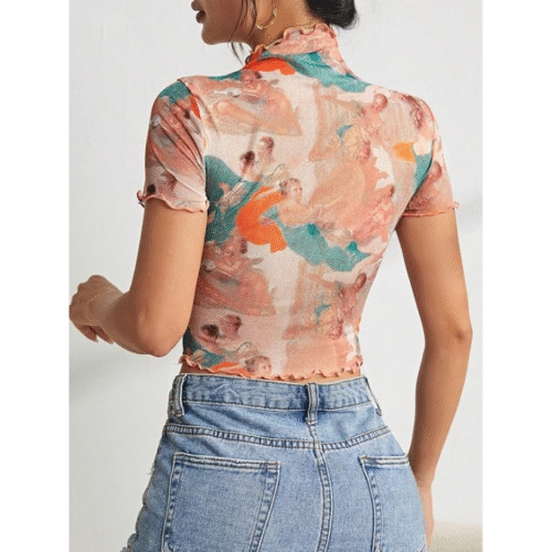 Fashionable high neck sheer trendy tops for women with multi-color abstract print, perfect for pairing with jeans or skirts.