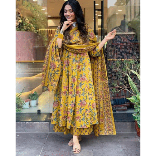 "Side pose highlighting 3/4 sleeves and calf-length flow of Yellow Anarkali Dress"