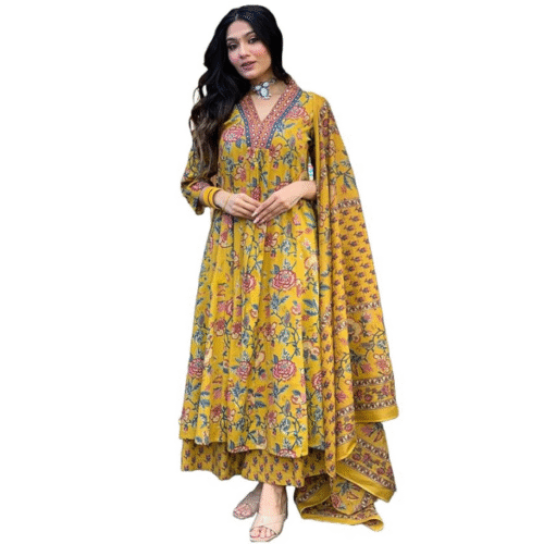 Full-length Yellow Anarkali Dress with dupatta styled for festive wear