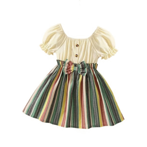Elegant puff sleeve striped print dresses for infants with front bow