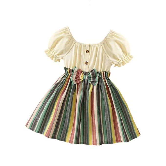 Elegant puff sleeve striped print dresses for infants with front bow