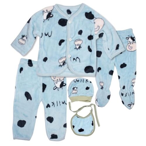 5-piece newborn winter dress set with pyjama, vest, bib, cap, and leggings